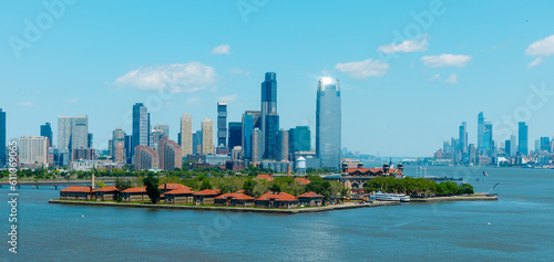 panoramic view of Ellis Island, Jersey City and New York