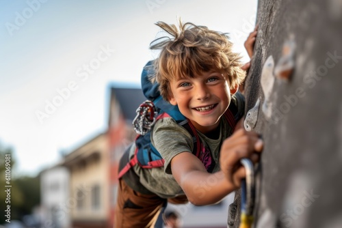 Close-up portrait photography of a satisfied mature boy practicing rock climbing against a small town main street background. With generative AI technology