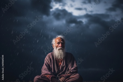 Medium shot portrait photography of a glad old man meditating against a dramatic thunderstorm background. With generative AI technology