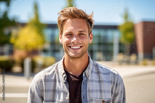 Headshot portrait photography of a grinning boy in his 30s cooking against a school campus background. With generative AI technology