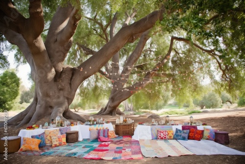 picnic under a shady tree with colorful quilts and lanterns, created with generative ai