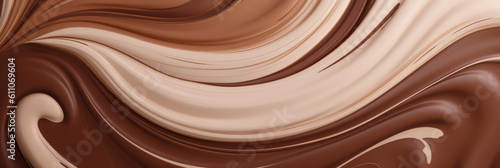 Milk chocolate cream swirl on beige background, banner, generative AI