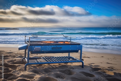 grill on the beach, with blue waves in the background and warm breeze, created with generative ai