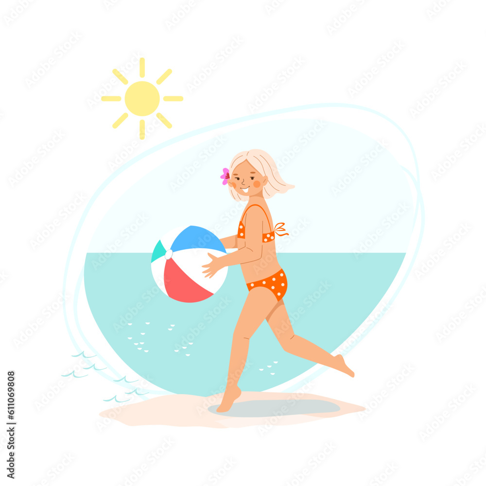 Little girl with blond hair in beach swimsuit runs along sand near seashore with bright inflatable ball in her hands. Cute vector illustration of summer family vacation with kids at sea.