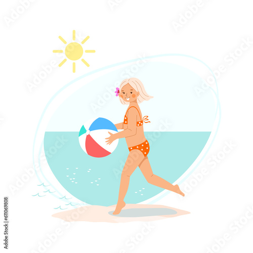 Little girl with blond hair in beach swimsuit runs along sand near seashore with bright inflatable ball in her hands. Cute vector illustration of summer family vacation with kids at sea.