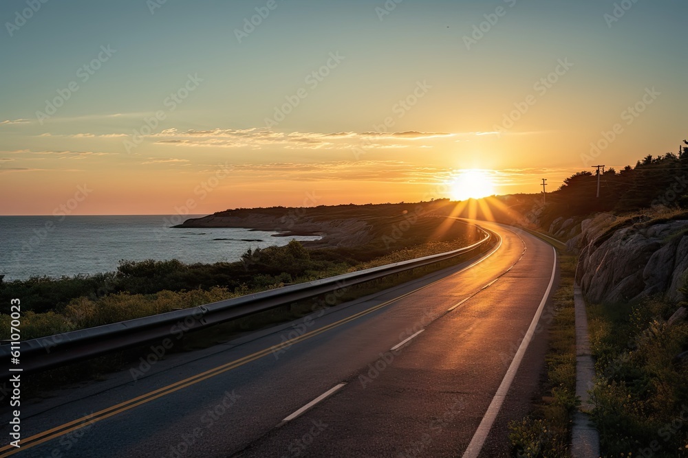 scenic highway during sunrise, with the sun peeking over the horizon, created with generative ai