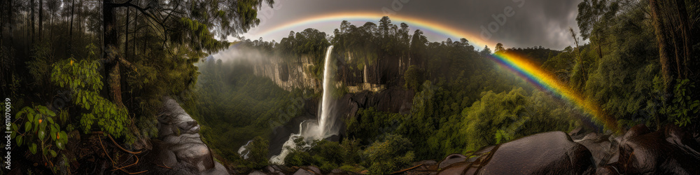 Under a magical rainbow, a torrent flows through a lush forest, creating an enchanting setting. Generative AI