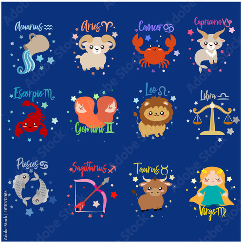 set de 12 ilustraciones vectoriales de los signos zodiacales  photo