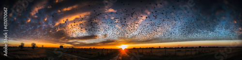 Formation d'oiseaux étourneaux, formant des motifs et des formes complexes dans le ciel au crépuscule. Generative AI