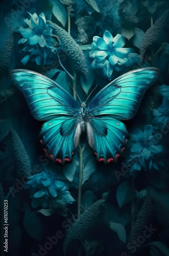 Blue butterfly sits on blue flowers. Generative AI.