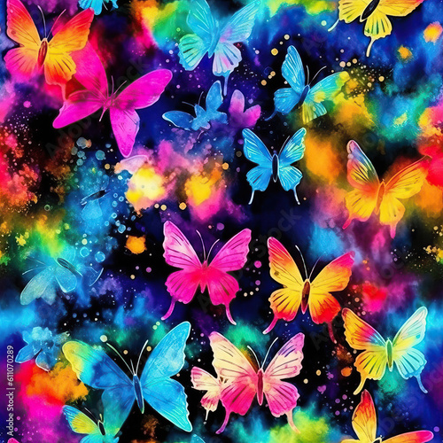 Butterfly watercolor seamless repeat pattern on black [Generative AI] © Roman