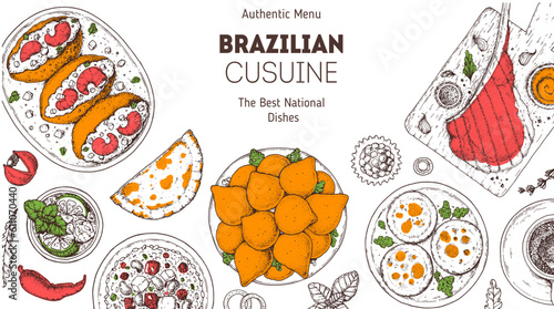 Brazilian food top view vector illustration. Food menu design template. Hand drawn sketch. Brazilian food menu. Traditional Brazilian cuisine. Acaraje, Pastel, Baiao de dois, Coxinhas, Empadinha