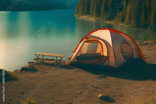 Camping and tent in the mountains near the lake with beautiful sunlight in the morning. A halt on a hike. Camping in nature with tents. generative AI