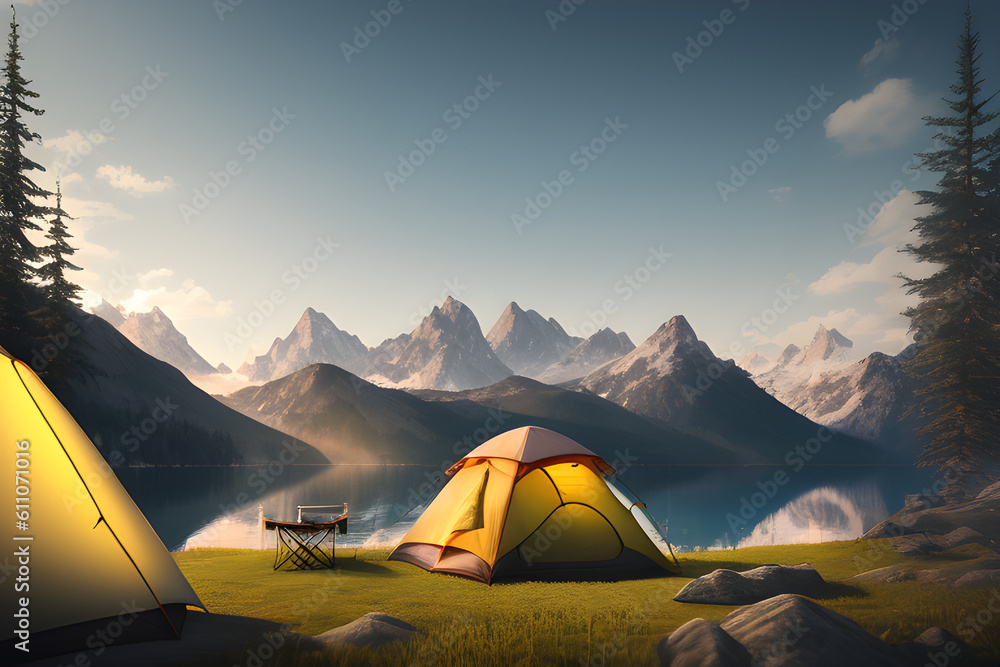 Camping and tent in the mountains near the lake with beautiful sunlight in the morning. A halt on a hike. Camping in nature with tents. generative AI