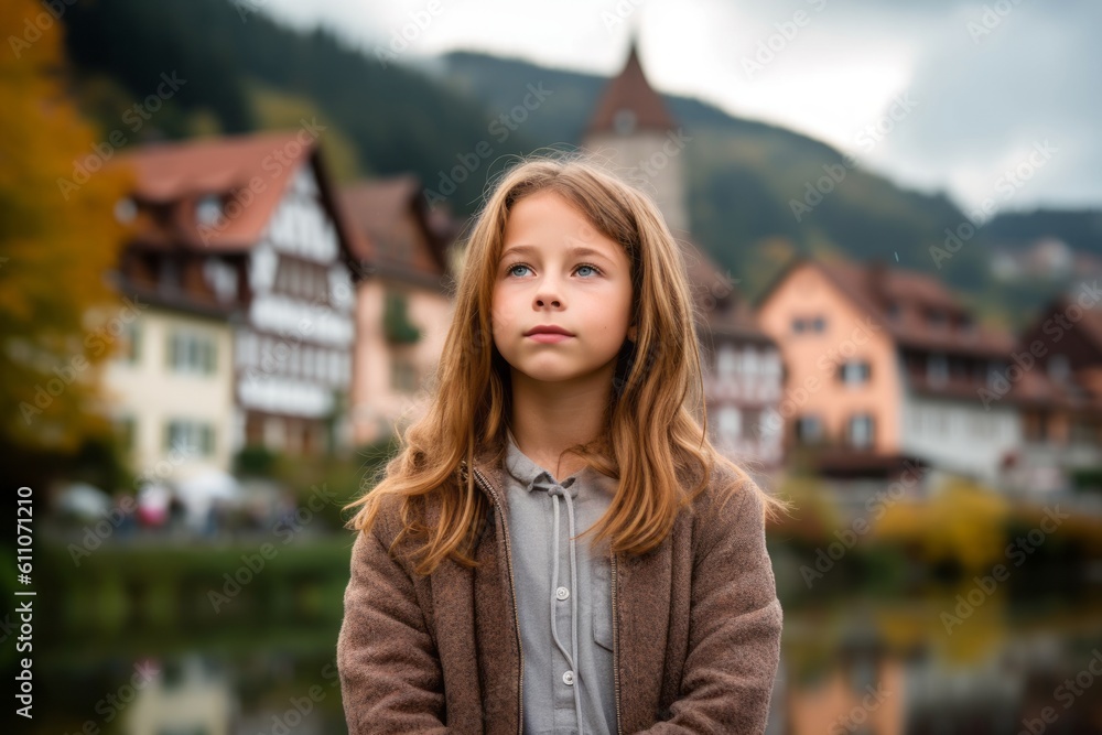 Headshot portrait photography of a glad kid female meditating against a quaint european village background. With generative AI technology Headshot portrait photography of a glad kid female meditating against a quaint european village background. With generative AI technology