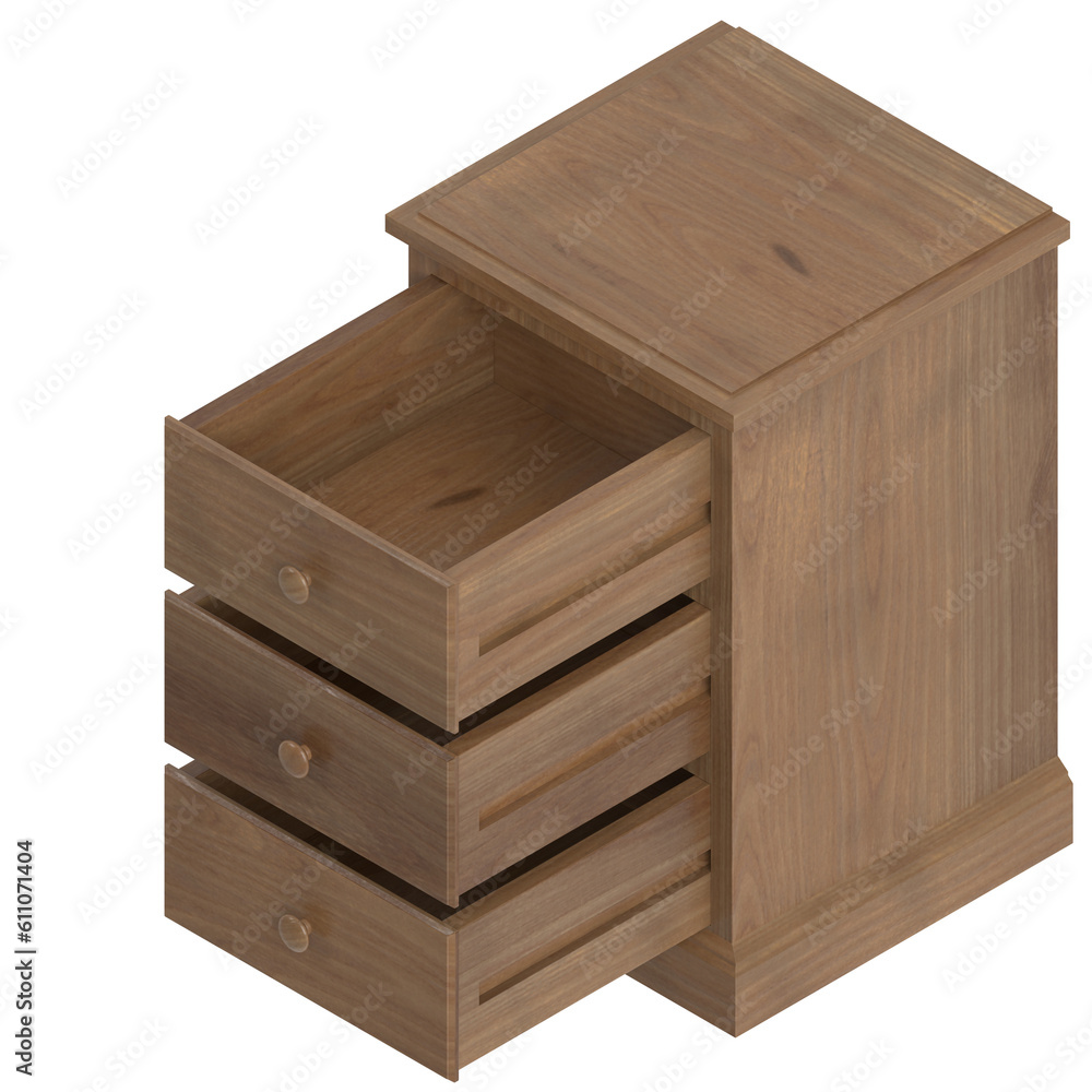 3D rendering illustration of a 3 drawer bedside 3D rendering illustration of a 3 drawer bedside