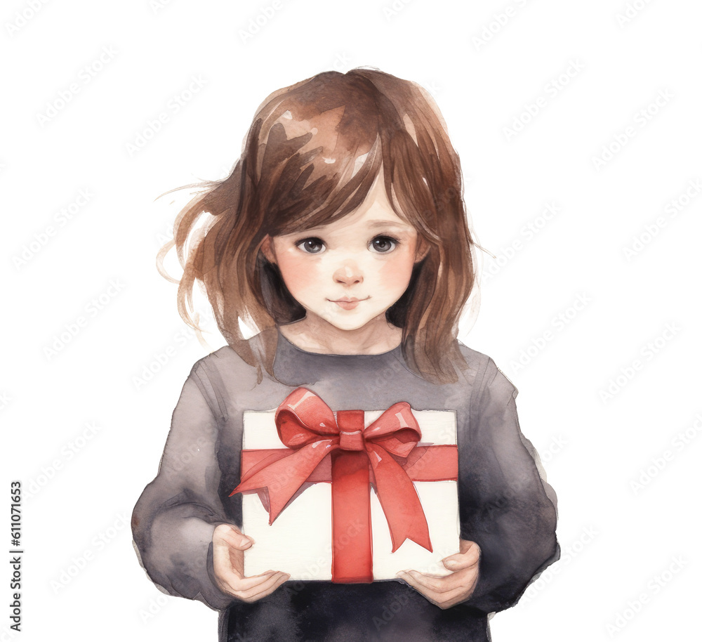 watercolor art cute little girl kid holding big wrapped gift boxes decorated with red ribbon bow. Holiday or birthday celebration.illustration isolated cut out transparent.Generative ai. watercolor art cute little girl kid holding big wrapped gift boxes decorated with red ribbon bow. Holiday or birthday celebration.illustration isolated cut out transparent.Generative ai.