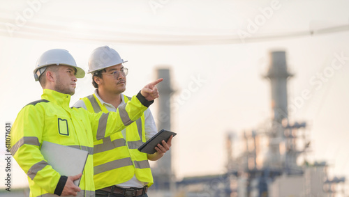 Foto Group Asian man petrochemical engineer working at oil and gas refinery plant ind