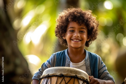 Close-up portrait photography of a happy kid male playing the drum against a national park background. With generative AI technology