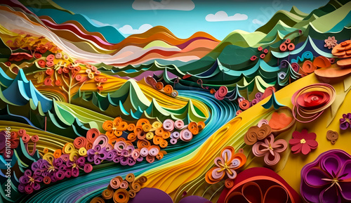 paper landscape art in style of vibrant colors  generative ai