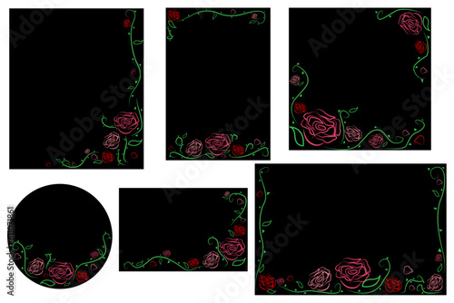 set de ilustraciones vectoriales con tematica de flores sobre fondo negro , para invitaciones cartas o postales