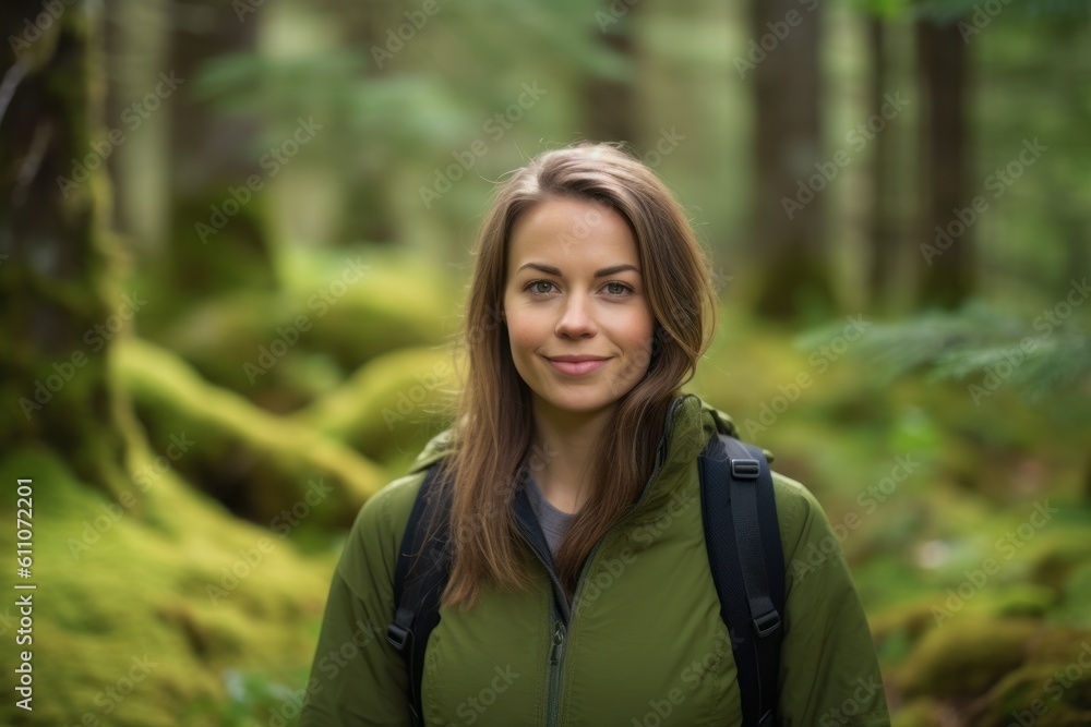 Medium shot portrait photography of a satisfied girl in her 30s smiling against a moss-covered forest background. With generative AI technology Medium shot portrait photography of a satisfied girl in her 30s smiling against a moss-covered forest background. With generative AI technology