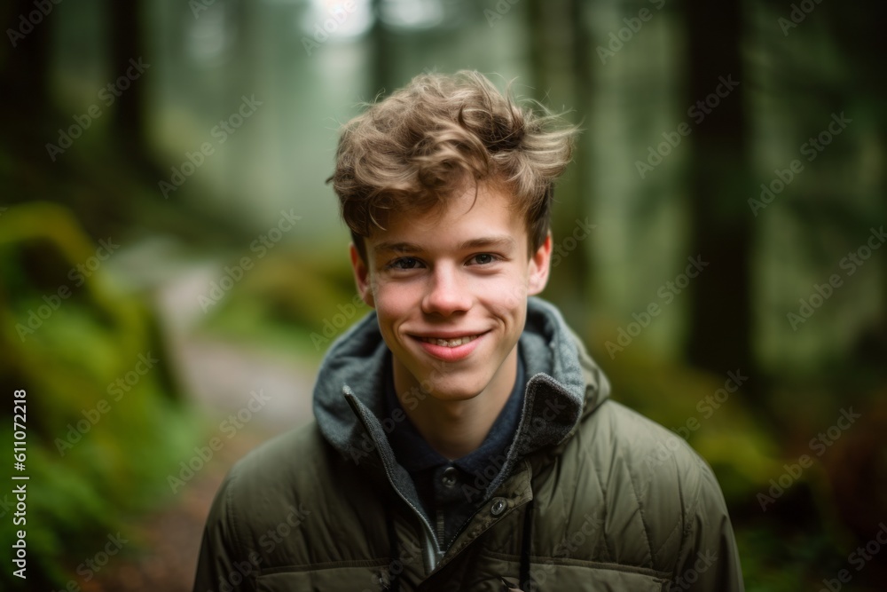 Close-up portrait photography of a glad boy in his 30s smiling against a moss-covered forest background. With generative AI technology Close-up portrait photography of a glad boy in his 30s smiling against a moss-covered forest background. With generative AI technology
