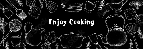 Kitchenware frame. Kitchen utensils sketch. Hand drawn vector illustration.