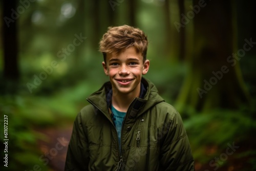 Close-up portrait photography of a glad boy in his 30s smiling against a moss-covered forest background. With generative AI technology © Markus Schröder