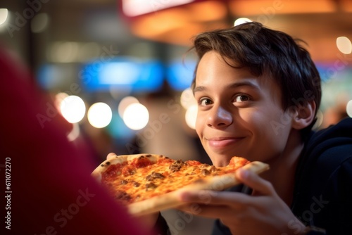 Close-up portrait photography of a satisfied boy in his 30s eating a piece of pizza against a bustling food court background. With generative AI technology