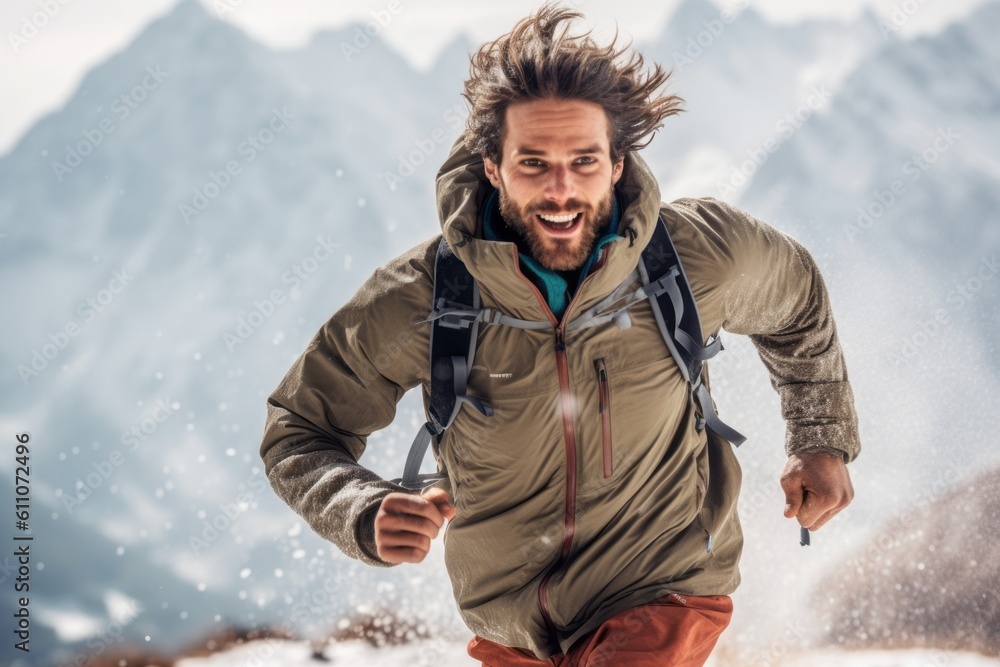 Medium shot portrait photography of a grinning mature boy running against a serene snow-capped mountain background. With generative AI technology Medium shot portrait photography of a grinning mature boy running against a serene snow-capped mountain background. With generative AI technology