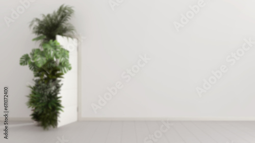 Blurred background, houseplants floating through open door in home interior with parquet. Template with copy space. love for plants. Biophilia concept photo