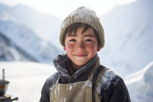 Close-up portrait photography of a grinning boy in his 30s cooking against a serene snow-capped mountain background. With generative AI technology