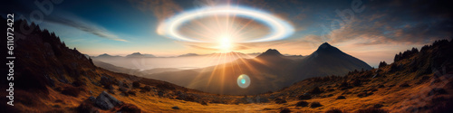 An unusual atmospheric phenomenon on the horizon, captured in a magnificent mountain setting: the solar halo offers a rare optical illusion. Generative AI