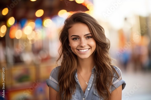Headshot portrait photography of a grinning mature girl drawing against a crowded amusement park background. With generative AI technology