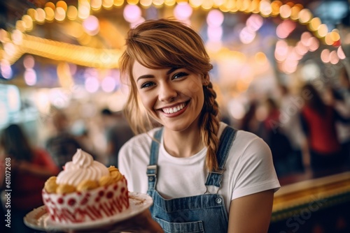 Headshot portrait photography of a grinning girl in her 30s making a cake against a crowded amusement park background. With generative AI technology