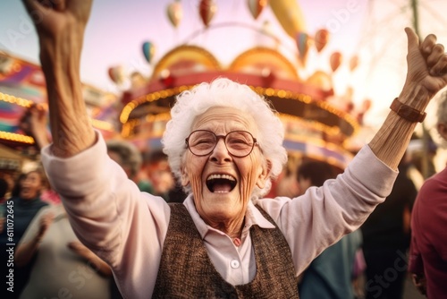 Medium shot portrait photography of a satisfied old woman celebrating winning against a crowded amusement park background. With generative AI technology