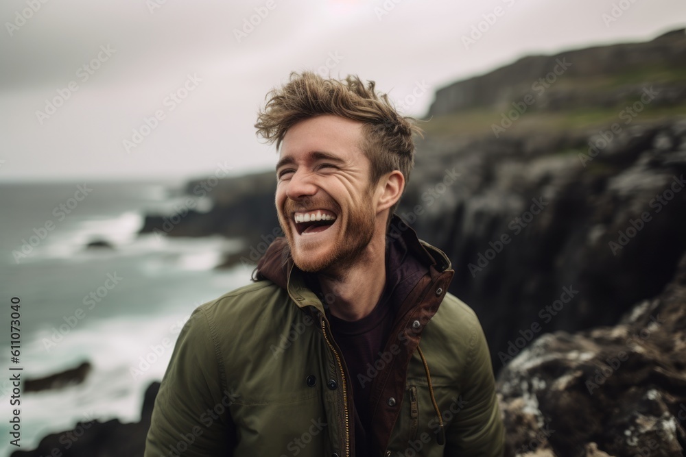 Close-up portrait photography of a glad boy in his 30s laughing against a dramatic coastal cliff background. With generative AI technology Close-up portrait photography of a glad boy in his 30s laughing against a dramatic coastal cliff background. With generative AI technology