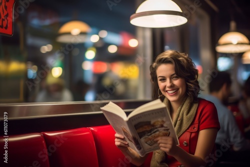 Medium shot portrait photography of a satisfied girl in her 30s reading a book against a classic diner background. With generative AI technology
