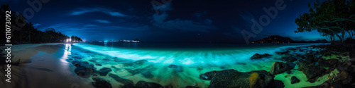 Stunning emotional capture of the rare "blue tears" phenomenon, showcasing bioluminescent organisms illuminating tropical beach waves and shoreline. Generative AI