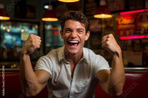 Medium shot portrait photography of a satisfied boy in his 30s celebrating with his fists against a classic diner background. With generative AI technology