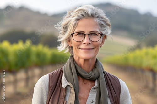 Photography in the style of pensive portraiture of a glad mature girl smiling against a picturesque vineyard background. With generative AI technology