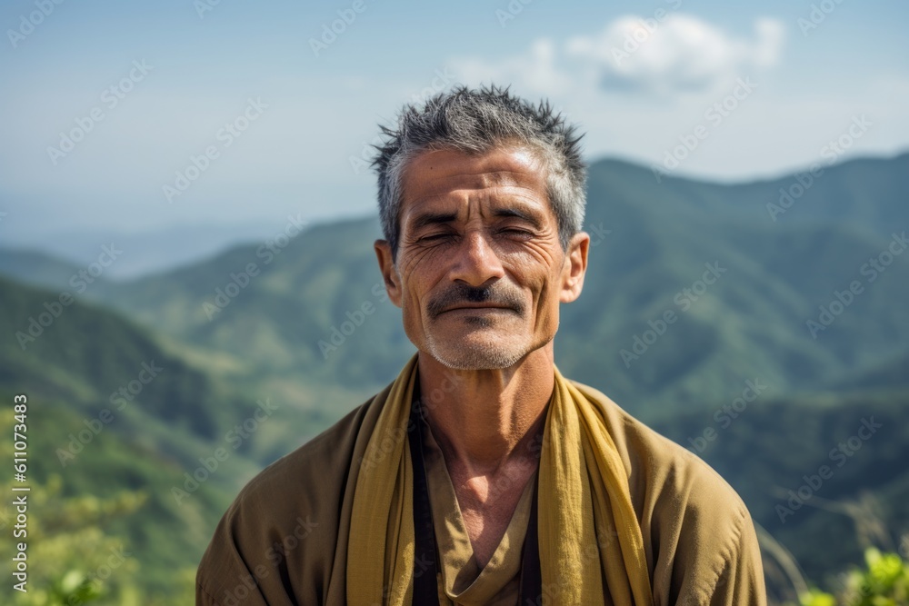 Headshot portrait photography of a satisfied mature boy meditating against a scenic mountain trail background. With generative AI technology Headshot portrait photography of a satisfied mature boy meditating against a scenic mountain trail background. With generative AI technology