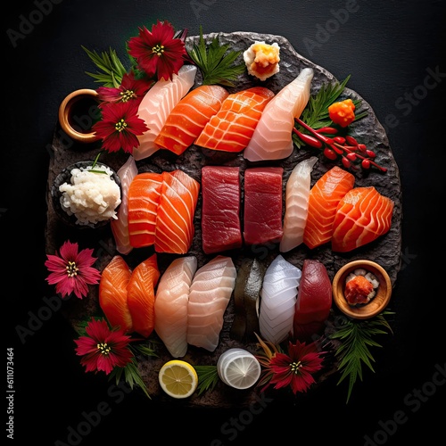 Top Down shot on some Pieces of Sushi, Food Photography, Cinematic, Studio Lighting. Generative AI. © Luca