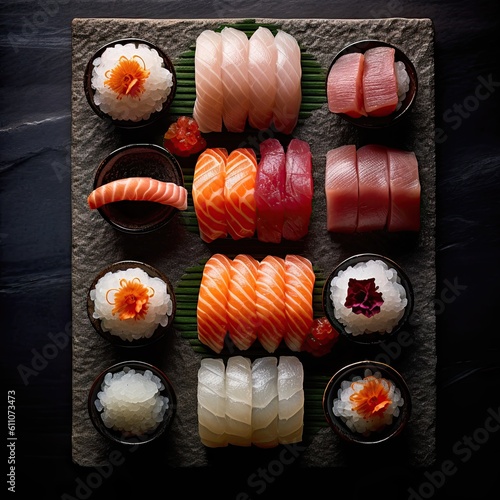Top Down shot on some Pieces of Sushi, Food Photography, Cinematic, Studio Lighting. Generative AI.