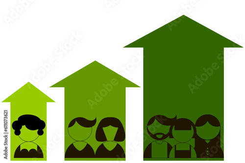 Vector image of three crowds of people getting bigger and an upwards arrow	
