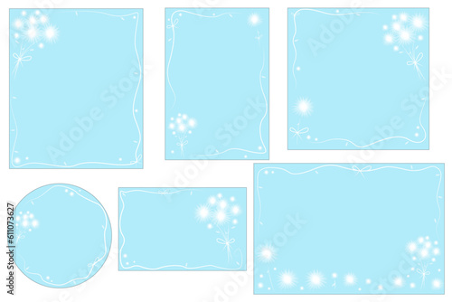 set de ilustraciones vectoriales con tematica de dientes de leon blanco sobre fondo azul, para invitaciones cartas o postales