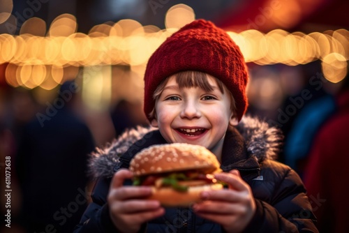 Medium shot portrait photography of a happy kid male eating burguer against a festive parade background. With generative AI technology