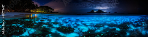 Captivating image of rare "blue tears" bioluminescent organisms, enchanting tropical beach waves and shore for an unforgettable visual experience. Generative AI