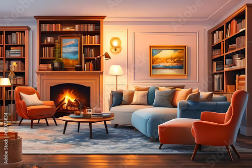  a charming living room with a crackling fireplace, comfortable armchairs, and shelves filled with books, creating a warm and inviting atmosphere perfect for relaxation and comfort © Beste stock